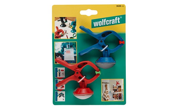 Wolfcraft I 3638100 I microfix Federzwinge mit Saugnapf I 2 Stück I verwendbar in Haushalten I geeignet für Hobby, Garten, Auto, Freizeit & Camping I rückstandsfreie Fixierung I bewegliche Spannbacken 3638100