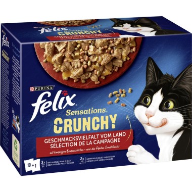FELIX Sensations Crunchy Katzenfutter, 10x85g + 40g, Geschmacksvielfalt vom Land, 12450232