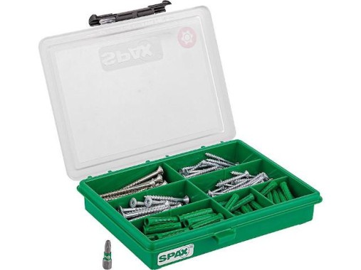 SPAX Sortiment klein, Schrauben-Set mit 4 Abmessungen + Dübel, 160 Stück, Senkkopf, T-STAR plus, WIROX, 4000001991179