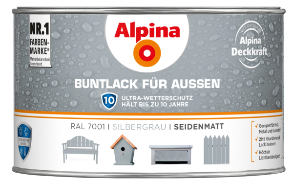 Alpina Buntlack für Außen, Silbergrau - seidenmatt, 300ml, 011160803