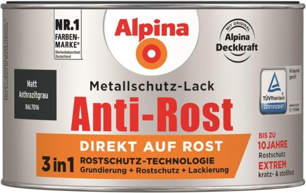 Alpina Metallschutzlack Anti-Rost Matt Anthrazitgrau 300ml, 017310803/L