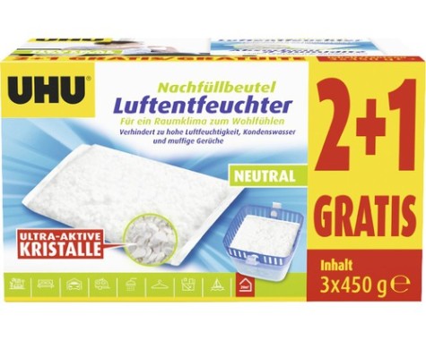 UHU Luftentfeuchter Nachfüllbeutel 2 x 450g + 1 x 450g gratis, 47255