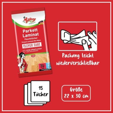 Poliboy Parkett & Laminat Feuchttücher – 15 Tücher - Schnelle, Streifenfreie Reinigung - Made in Germany - 6201508 6201508