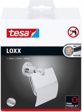 tesa LOXX WC-Papierhalter mit Deckel, verchromt, rostfrei, inkl. Klebelösung, hohe Haltekraft (bis 6kg), 68 mm x 140 mm x 140 mm Toilettenrollenhalter (mit Deckel) 40273-00000-00