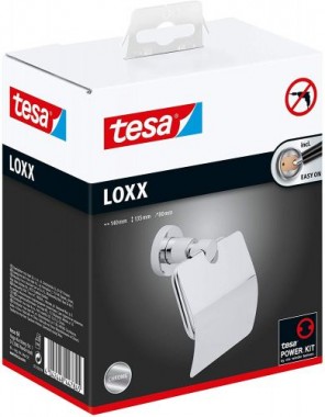 tesa LOXX WC-Papierhalter mit Deckel, verchromt, rostfrei, inkl. Klebelösung, hohe Haltekraft (bis 6kg), 68 mm x 140 mm x 140 mm Toilettenrollenhalter (mit Deckel) 40273-00000-00