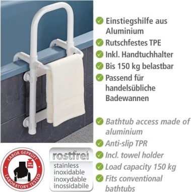 WENKO Secura Einstiegshilfe für die Badewanne, bis zu 150 kg, Aluminium, Weiß, 8110100