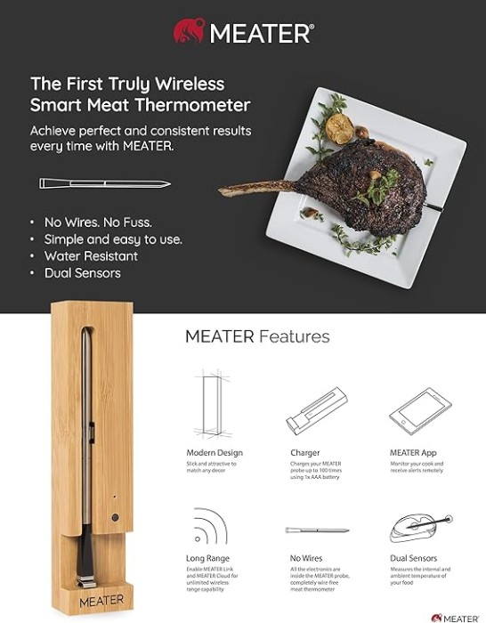 Meater Fleischthermometer 10 m Bluetooth Reichweite, RT3-MT-ME01