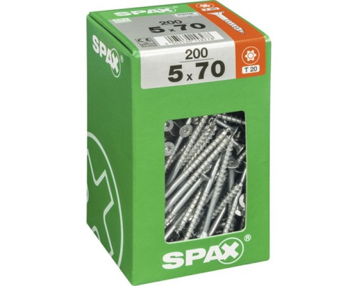 SPAX Universalschraube, 5 x 70 mm, 200 Stück, Teilgewinde, Senkkopf, T-STAR plus T20, 4CUT, WIROX, 4191010500706