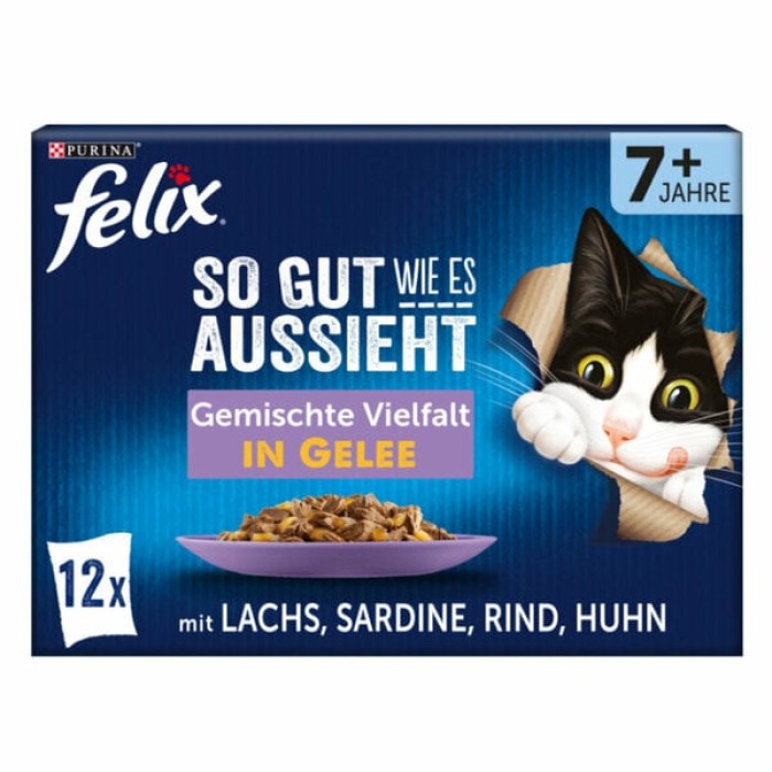 FELIX So gut wie es aussieht Katzenfutter, 12x85g, ab 7+, Gemischte Vielfalt in Gelee, 12448405