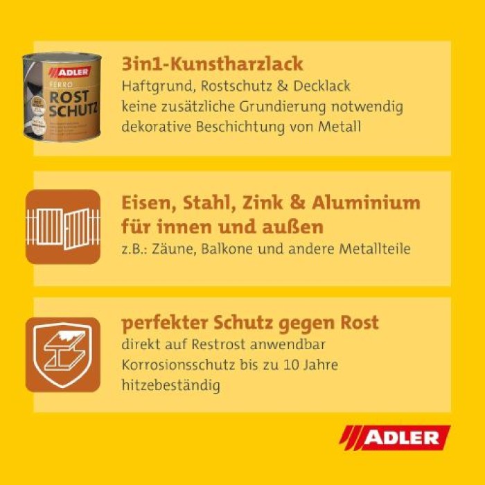 ADLER Ferro Rostschutz RAL9006 Weißaluminium 375 ml, für Eisen, Stahl, Zink und Aluminium im Innen- und Außenbereich, 452505530737