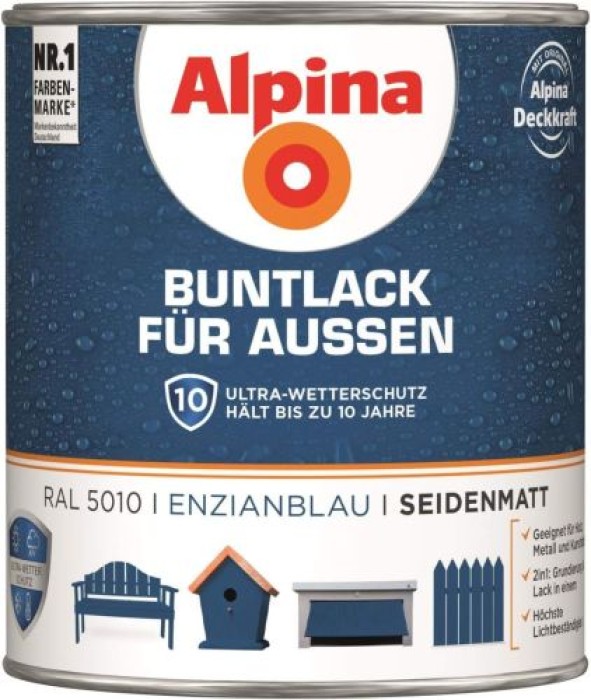 Alpina Buntlack für Außen,  Enzianblau - seidenmatt 300 ml, 011100803