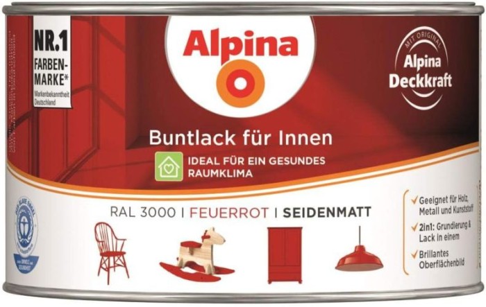 Alpina Buntlack für Innen, Feuerrot - seidenmatt, 300 ml, 011200803