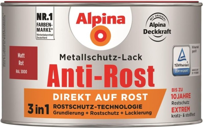 Alpina Metallschutzlack Anti-Rost Matt Rot 300ml, 017290803/L