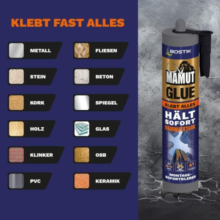 Bostik MAMUT GLUE Weiß, Flexibler Montage-Sofortkleber auf Alle Materialien, 450g, 30626989