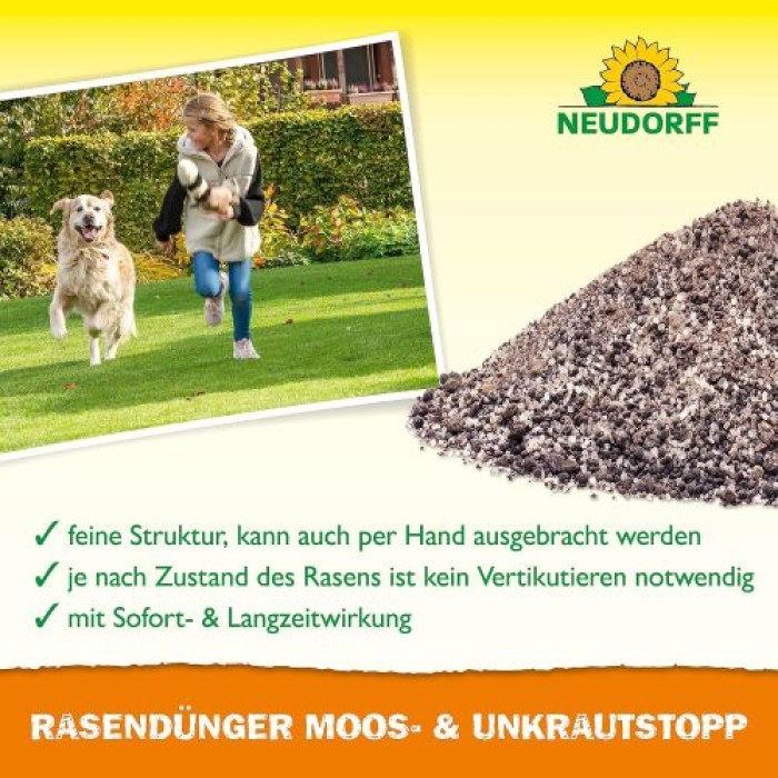 Neudorff RasenDünger Moos- & UnkrautStopp 5 Kg für 100m², organisch-mineralischer Dünger mit Eisen und Kalium, 1295