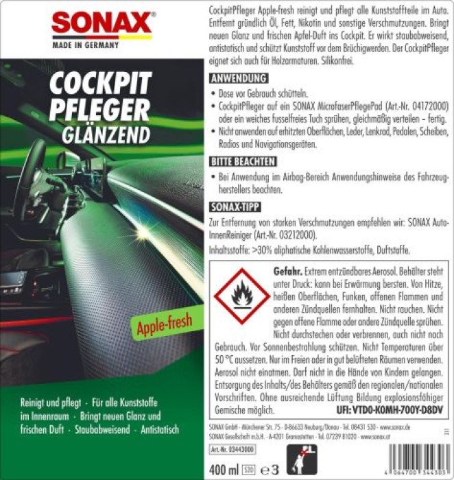 SONAX CockpitPfleger glänzend Apple-Fresh, 400ml, 03443000